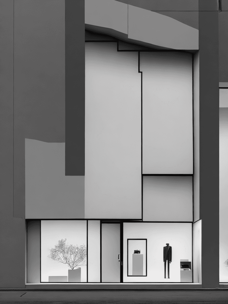 AI generated: highly detailed image, minimalist store facade, at dusk, sophisticated monochromatic, integrating el...