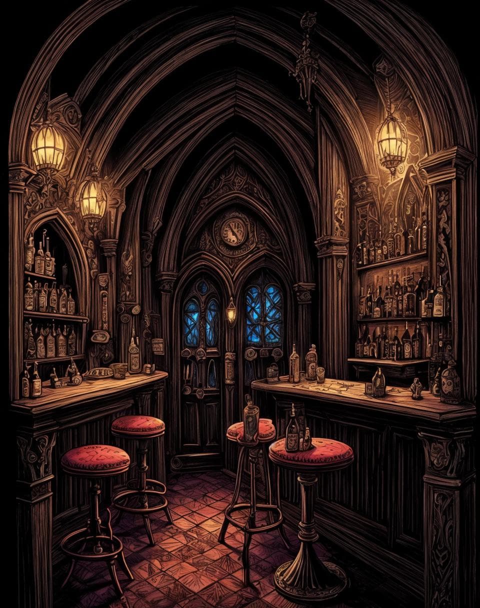 AI generated: image in gothic stop-motion technique, gothic bar, drawing, cartoon, professional artist, animation,...