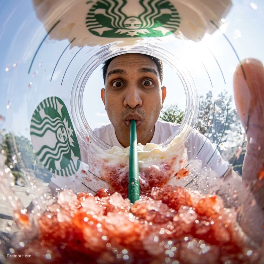 AI generated: {
  "prompt": "View from inside a Starbucks strawberry frappuccino cup looking up, fisheye lens extr...