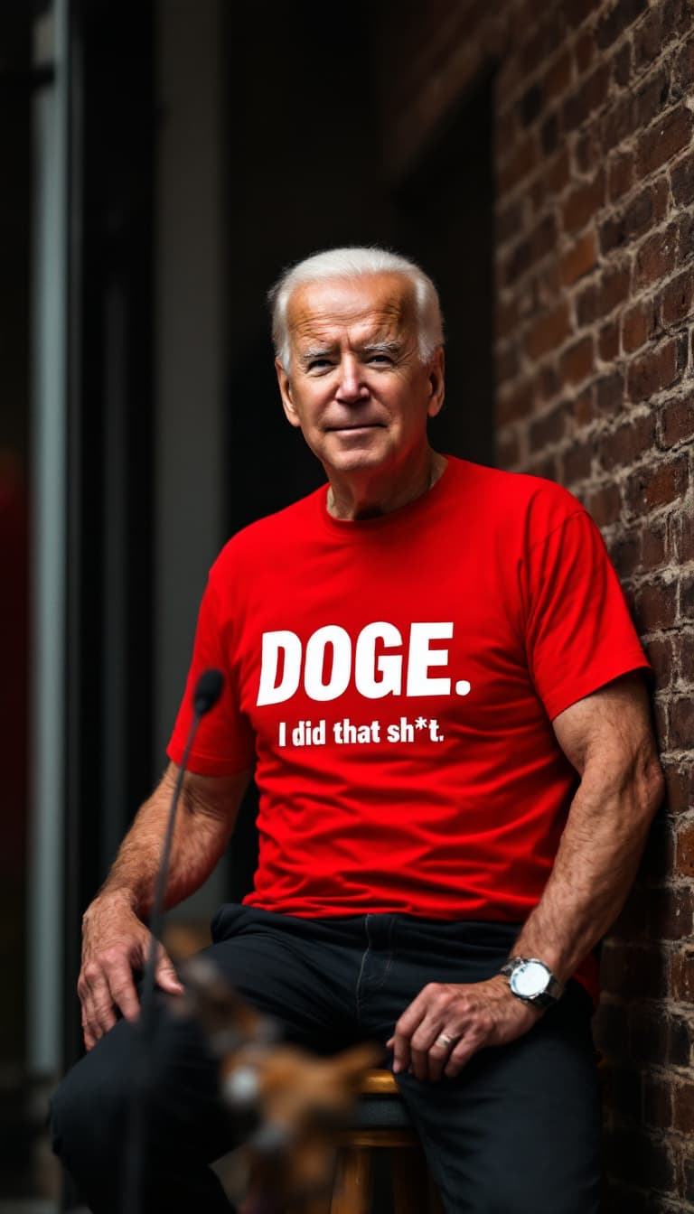 AI generated: Joe Biden wearing a Bright Red t-shirt,  the t-shirt logo reads "DOGE: I did that sh!t" in bold whit...