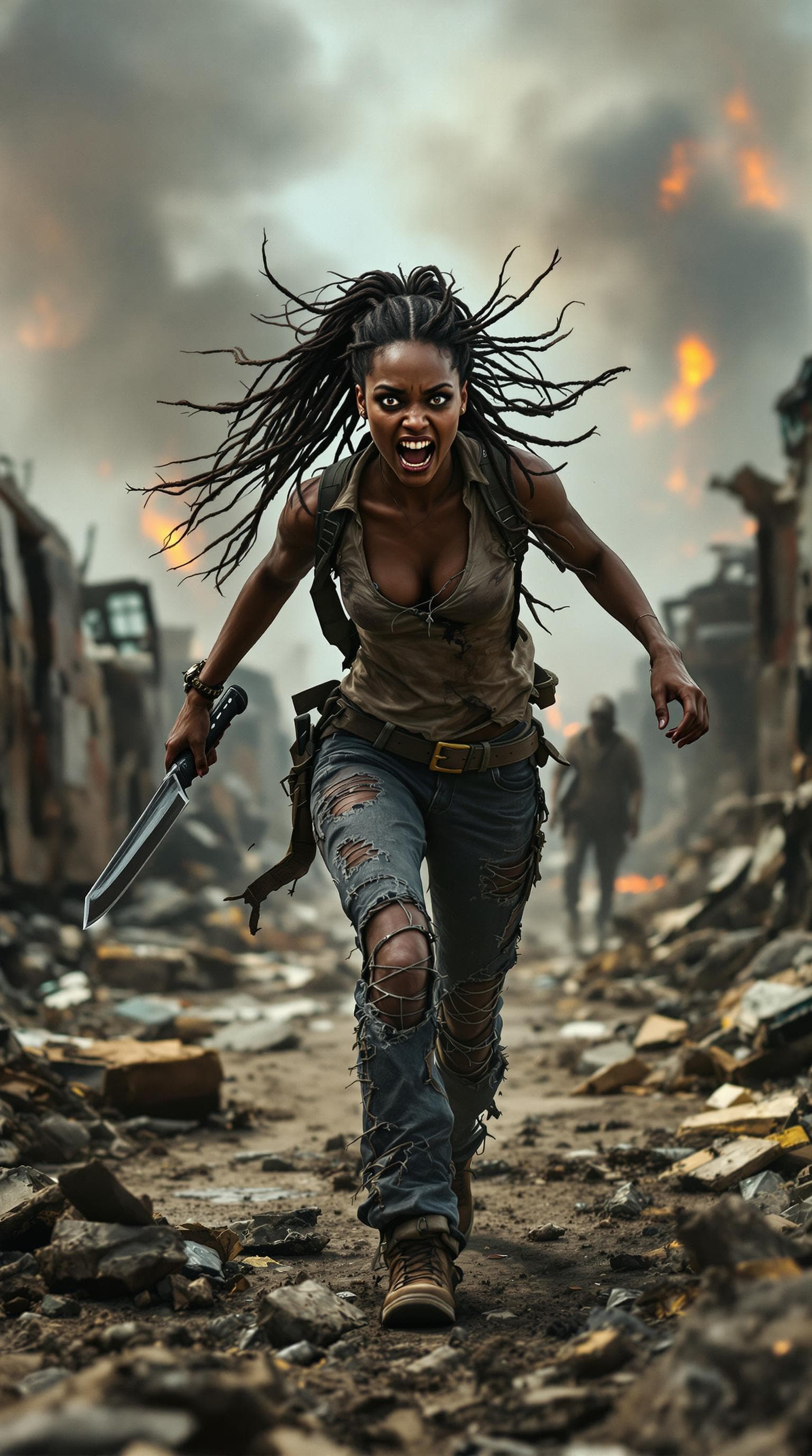 AI generated: On the junkyard, smoke in the background, and zombies. A very young black woman running with destroy...