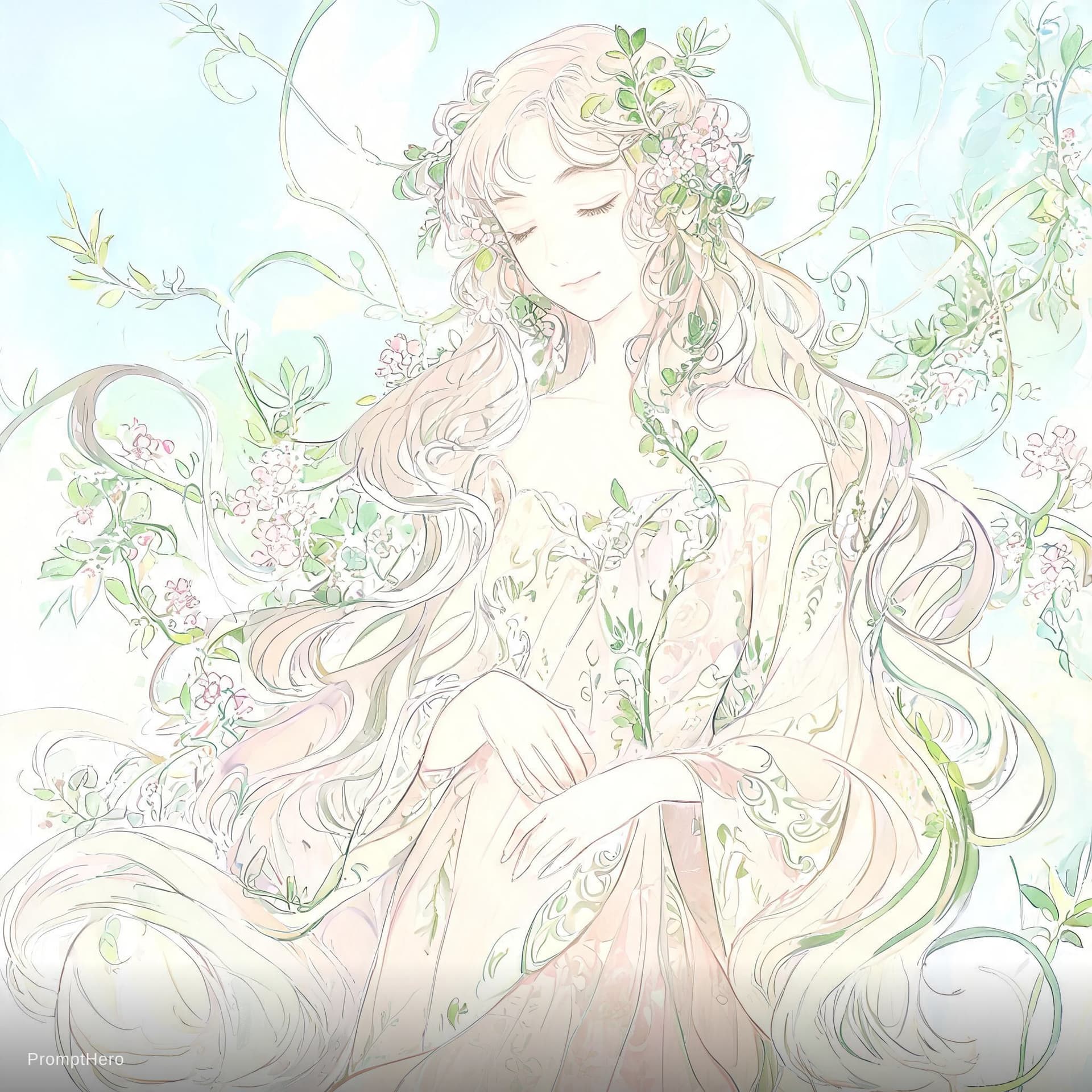 AI generated: Create a beautiful, intricate drawing of a woman in a nature-inspired, art nouveau style. The figure...