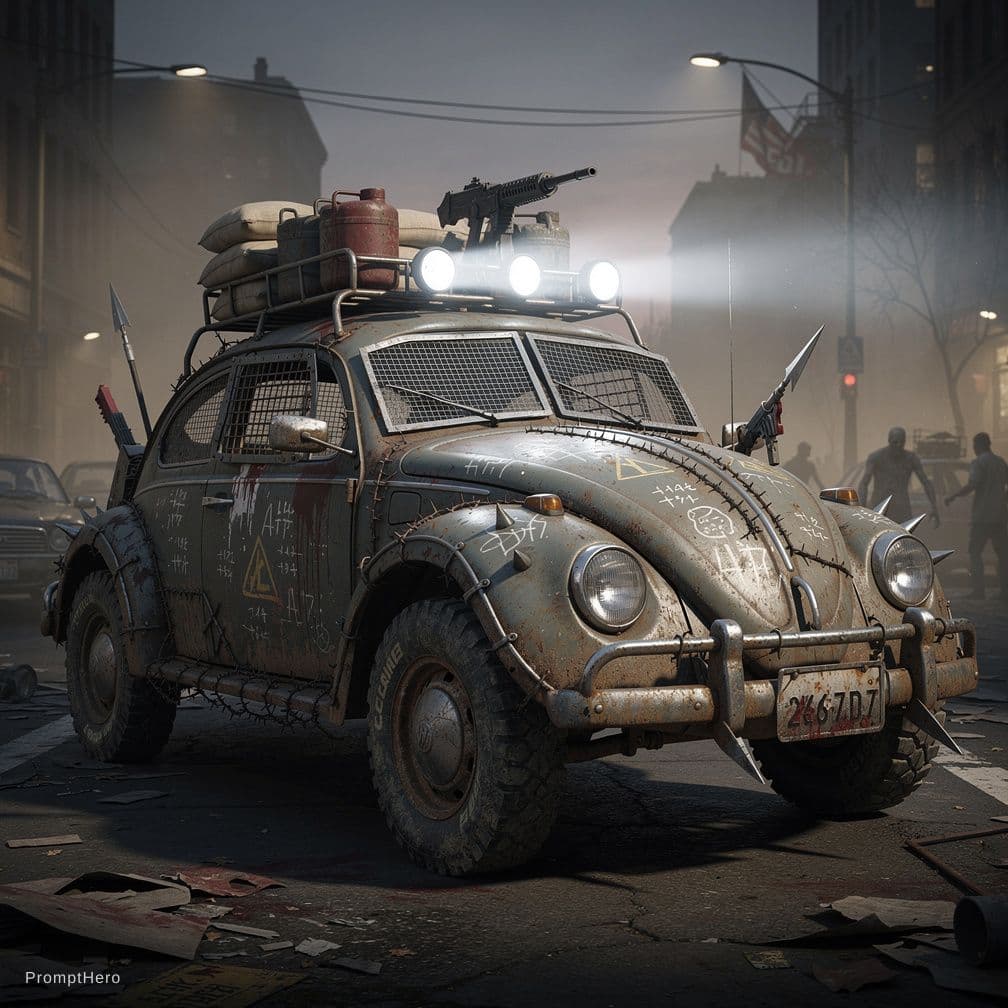 AI generated: A unique Volkswagen Beetle, specially prepared for zombie apocalyptic combat.