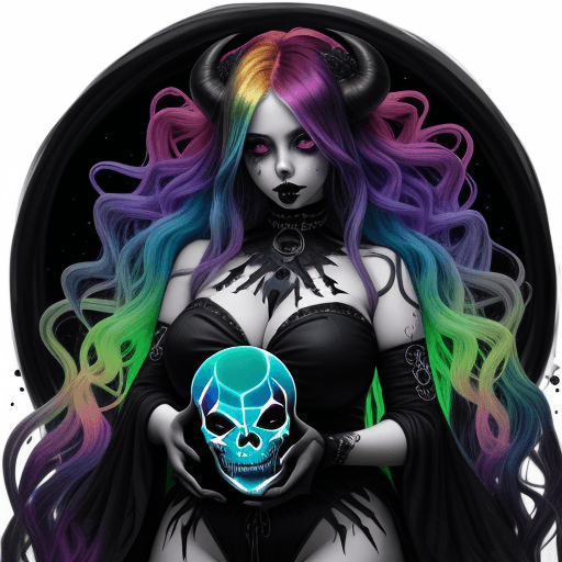 AI generated: Gorgeous demon girl with long rainbow hair, curvy body, black gothic style clothing, holding a glowi...