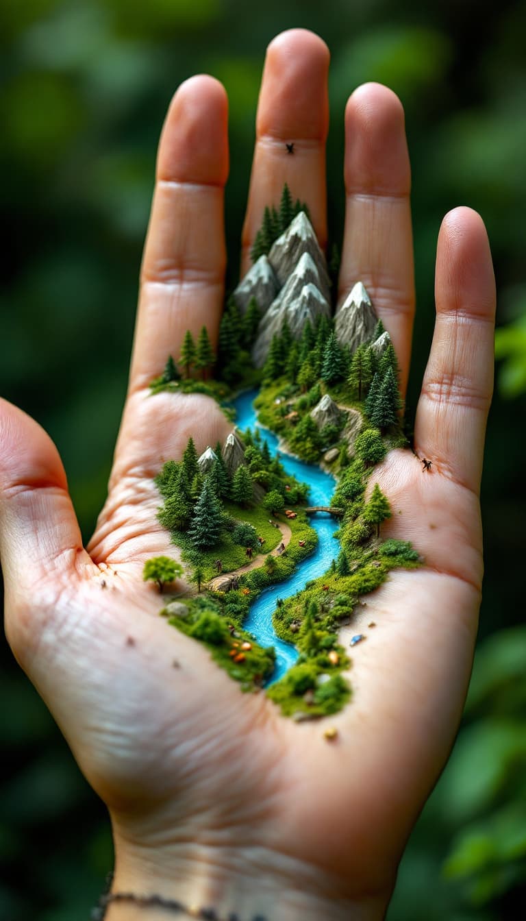 AI generated: 12. A surreal, extreme close-up of a woman's palm, revealing a miniature, self-contained ecosystem w...