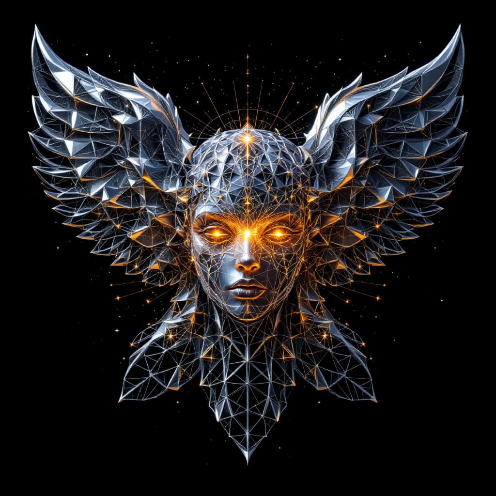 AI generated: Mandelbrot pattern angel's face, infinite recursive detail, chrome gradient coloring, metallic sacre...