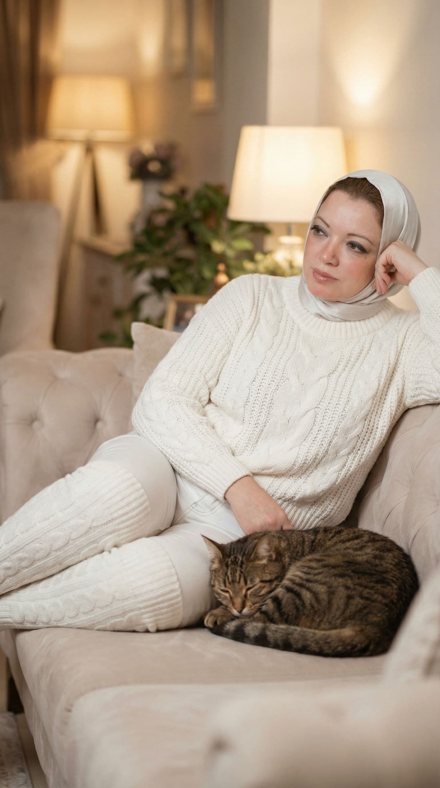 AI generated: Portrait of a the uploaded woman wearing a super nice white knitted sweater and white jeans pants an...
