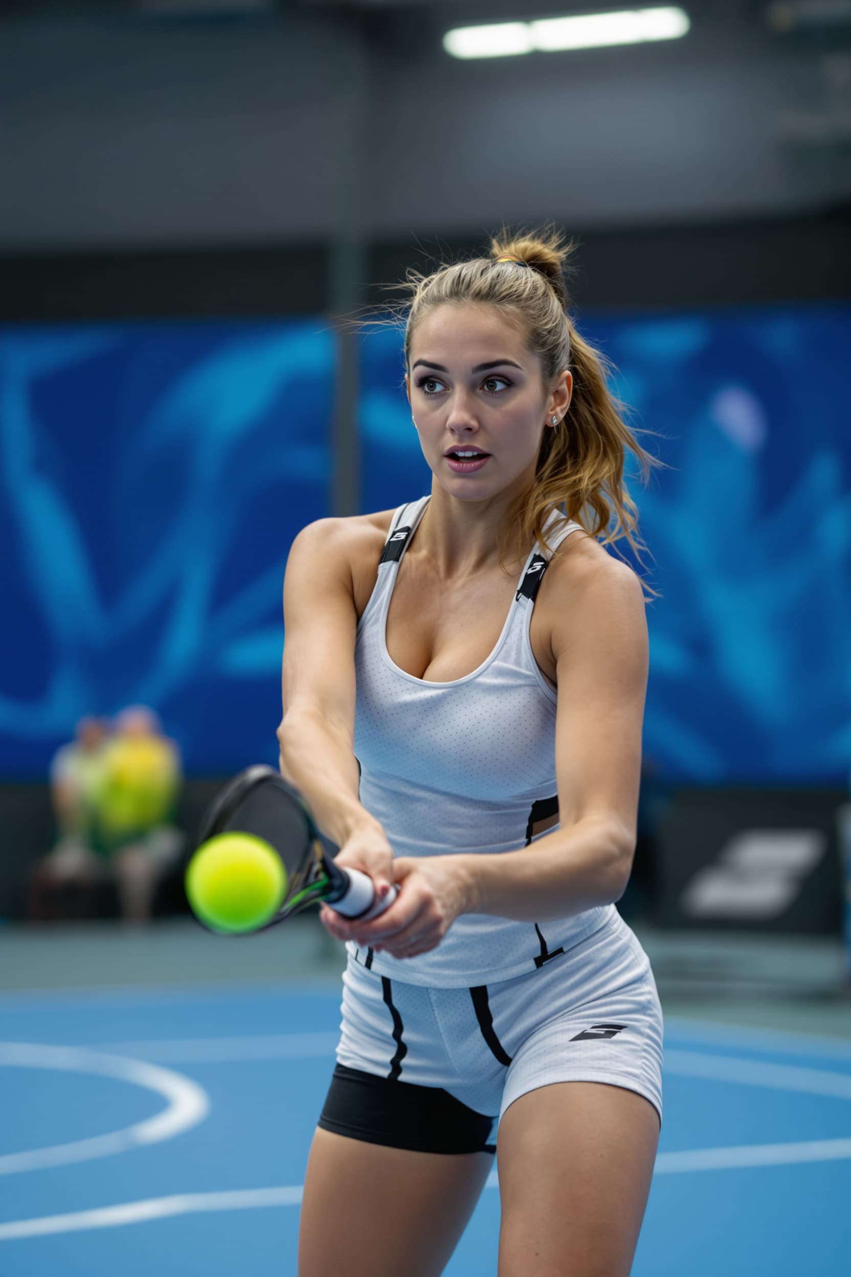 AI generated: A beautiful woman playing padel ball in an indoor padel court, she has a Babolat Stima Energy padel ...