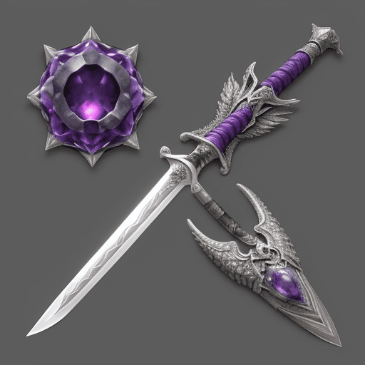 AI generated: top down view; a short sword on a pedistal with a silver blade. The short sword has small quillions ...
