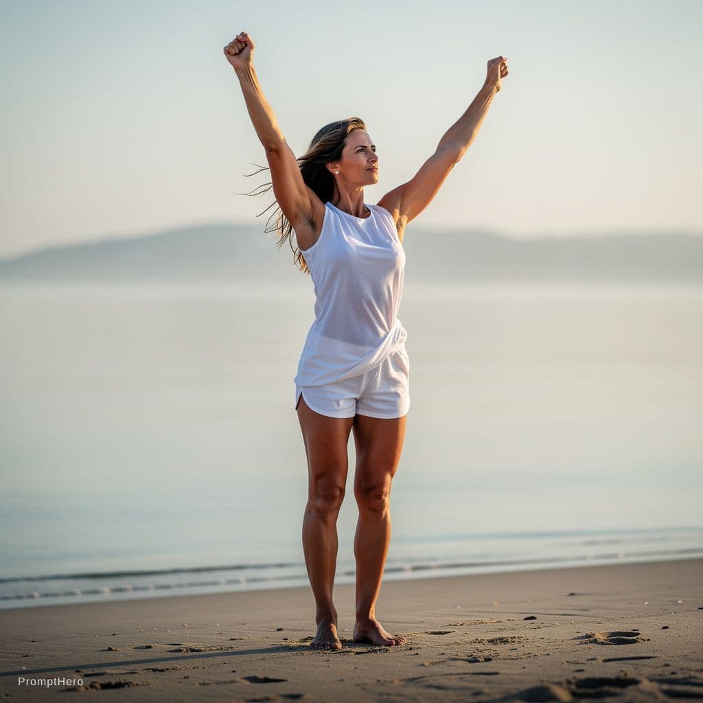 AI generated: A skinny, with the slim waste adult woman in a tiny white thin triangle bikini stands on a sandy bea...