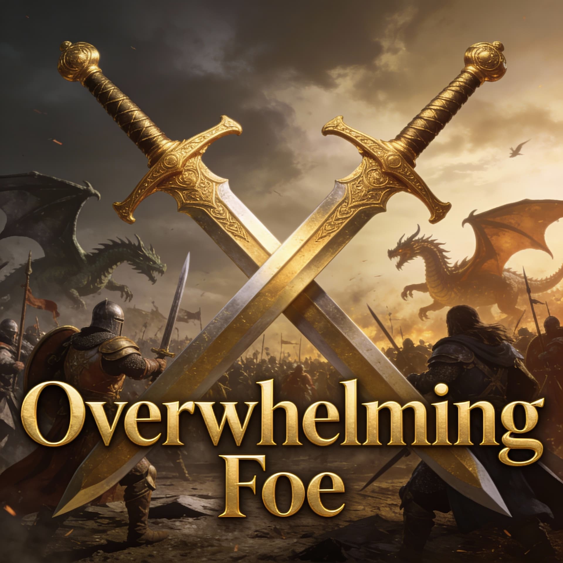 AI generated: Add title to across the bottom "Overwhelming Foe" in the same color as the swords

