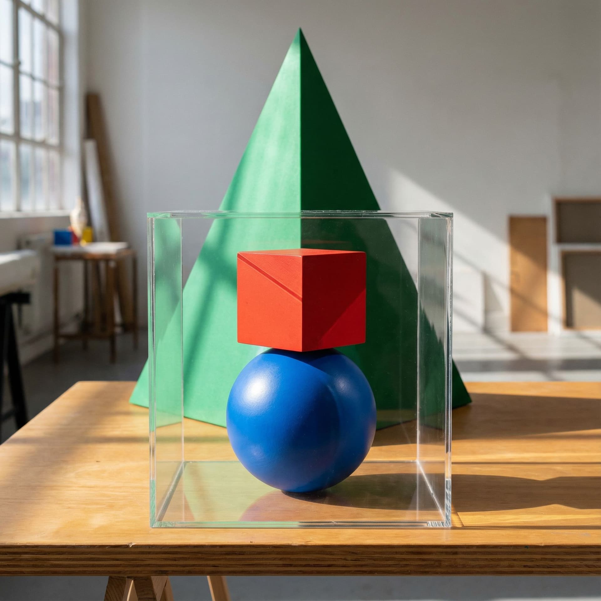 AI generated: A red cube on top of a blue sphere, both inside a transparent box, with a green pyramid behind them,...