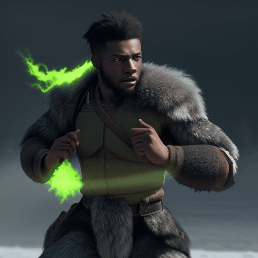 AI generated: black man trains soldiers wearing wolf pelts to fight with green glowing magic, hyper-realism, high ...