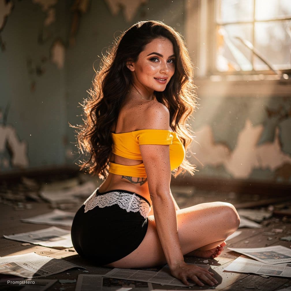 AI generated: Ultra-realistic photograph of a gorgeous young woman with long, voluminous wavy dark brown hair, sit...