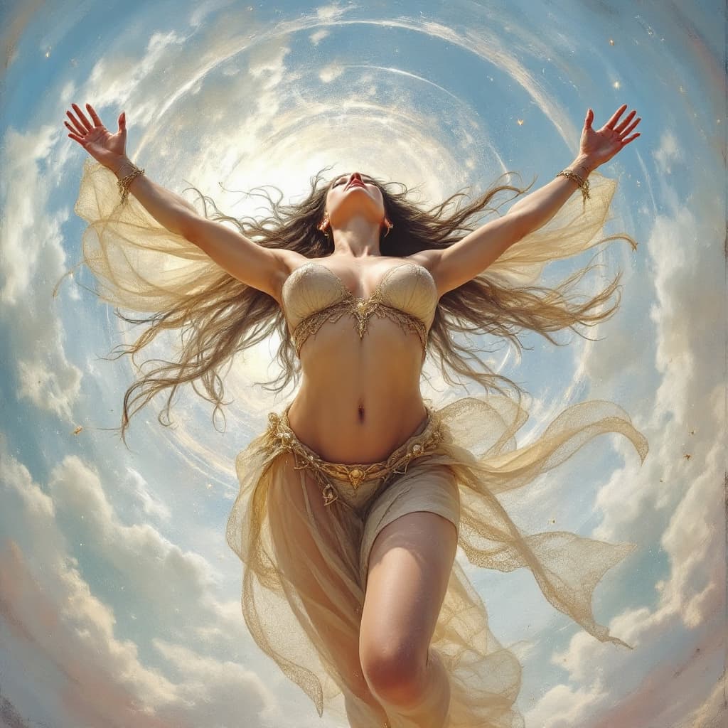 AI generated: powa, outstretched arms, from below, show her feet soles