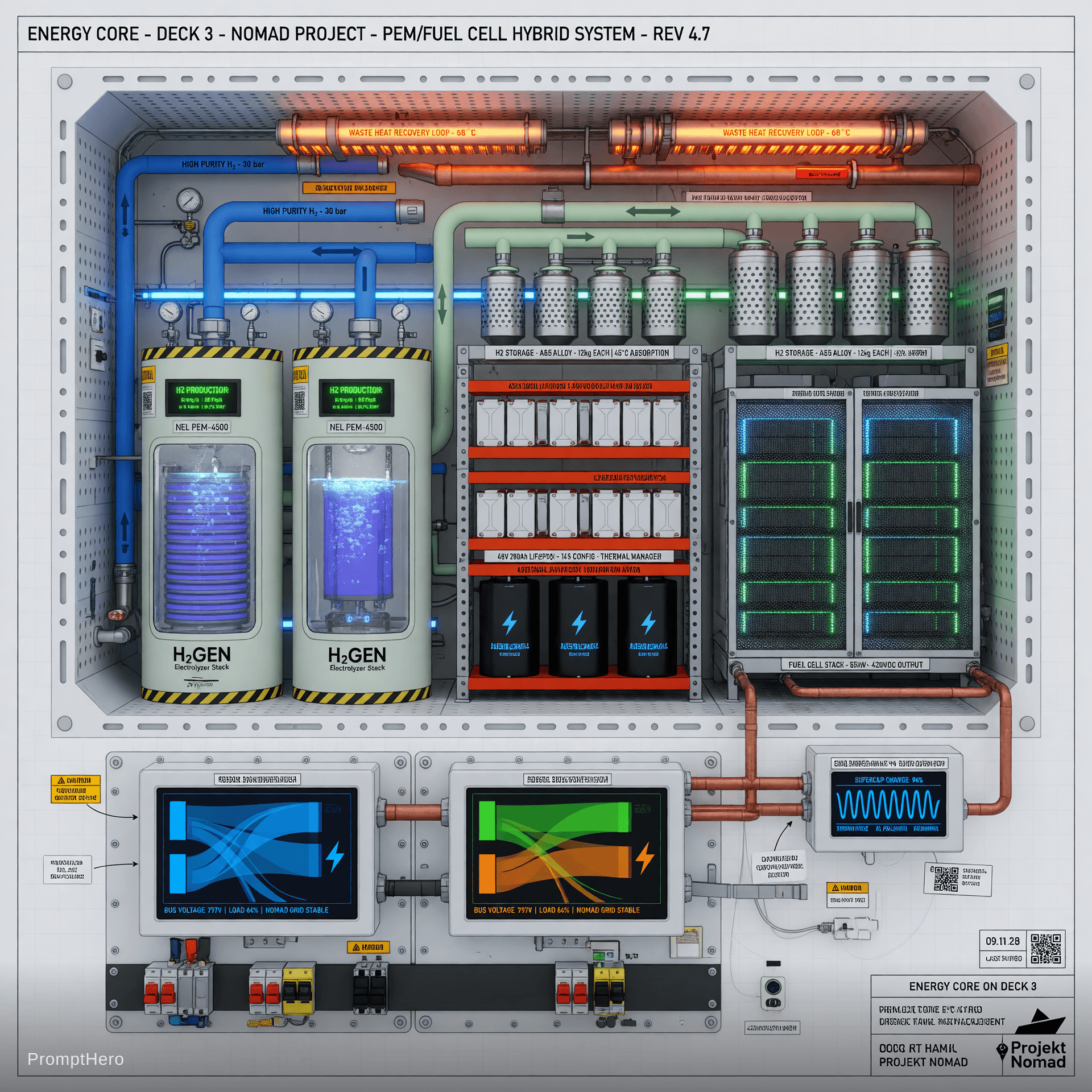 AI generated: Highly detailed technical interior close-up of the Energy Core on Deck 3 of Projekt Nomad, clean eng...