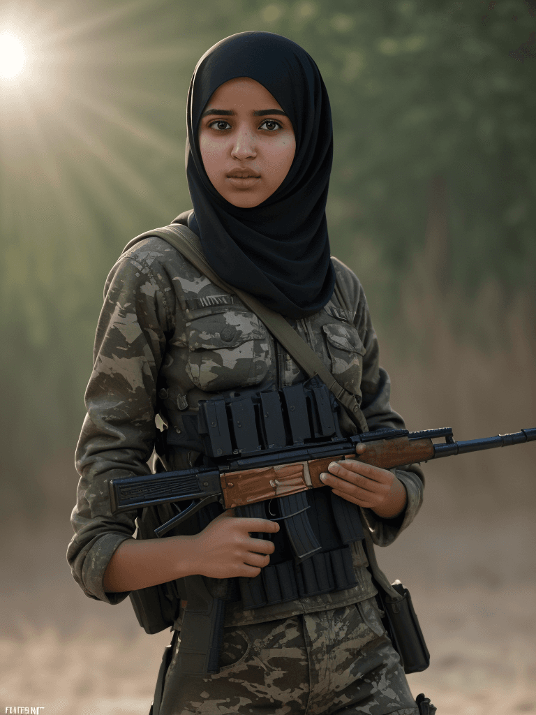 AI generated: portrait of young female muslim using an Ak-47 to fight back a hunter, ultra realistic, 8k full HD, ...
