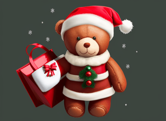 AI generated: Cute Christmas teddy bear carrying a Santa Bag from front, back, and side  angles
