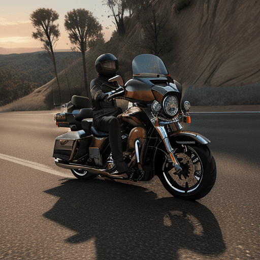 AI generated: picture ultra realistic biker on a harley davidson motorcycle on the road 66 sunset side view --ar 4...
