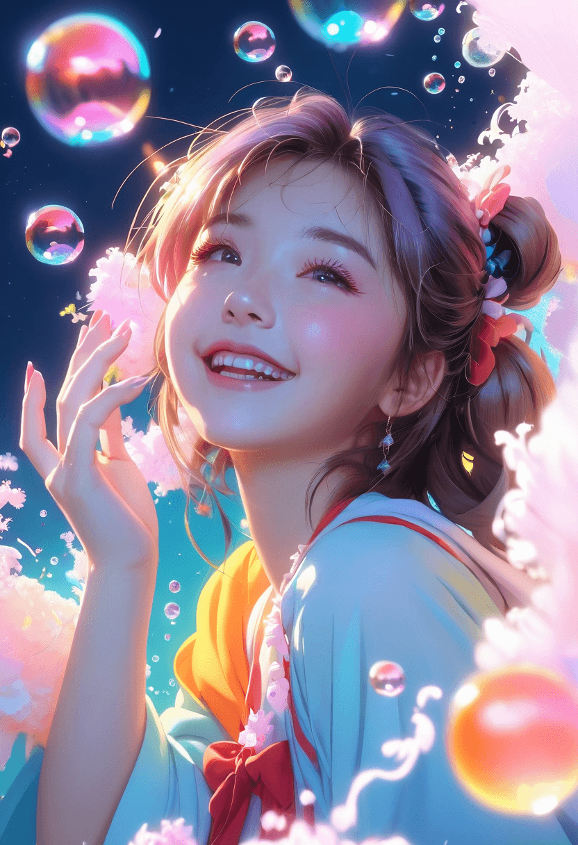 AI generated: a girl, laughing, surrounded by  colorful water bubbles
