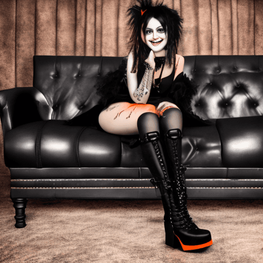 AI generated: An ultra realistic photo of a gothic punk girl, black dress, Orange knee-high platform boots. Smilin...