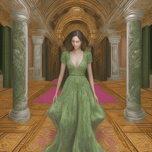 AI generated: Full length beautiful girl in a green dress with expensive jewelry in the hall of an ancient castle,...