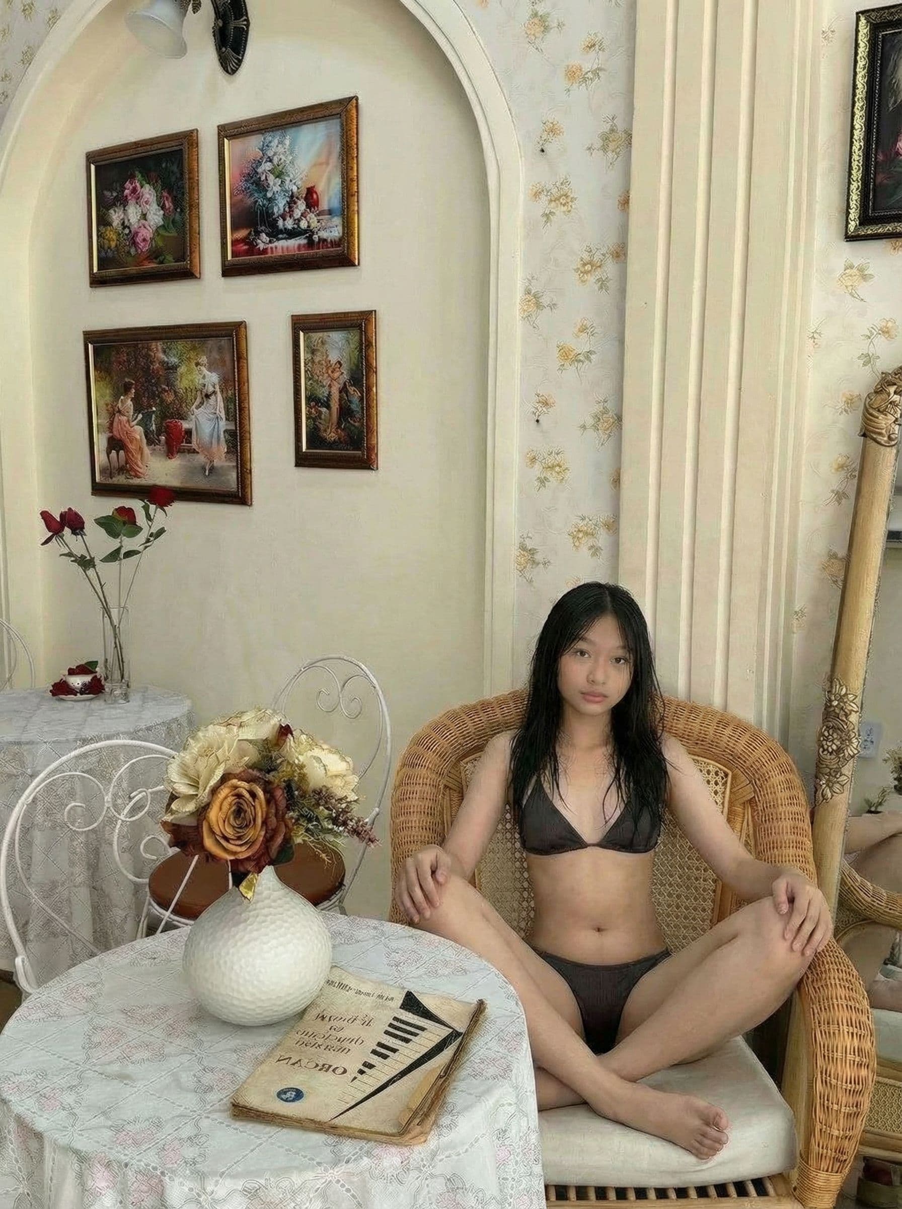 AI generated: let she spread her legs M-shaped on the chair and make the bikini smaller