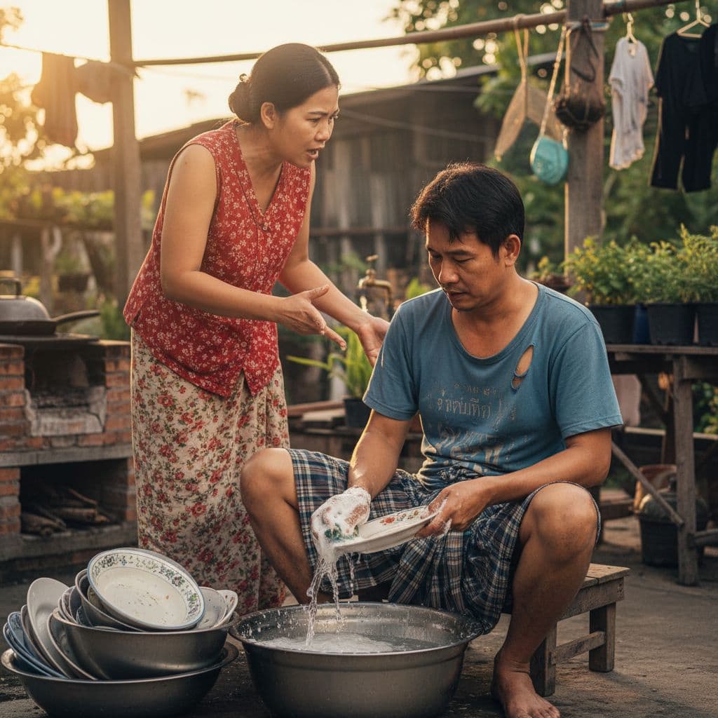 AI generated: สร้างภาพ ให้ผู้ชาย กำลัง นั่งล้างจาน ข้างเขา มีภรรยา กำลังยืนบ่นอยู่ ในมือซ้ายของเขาถือจาน มือขวาถือ...