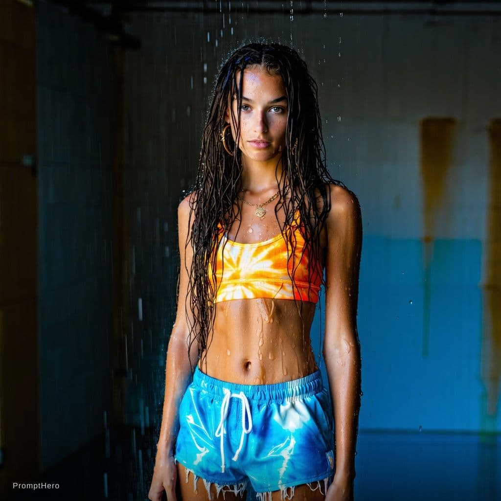 AI generated: A stunning young woman with long, wet, wavy dark hair, standing confidently in a dimly lit, textured...