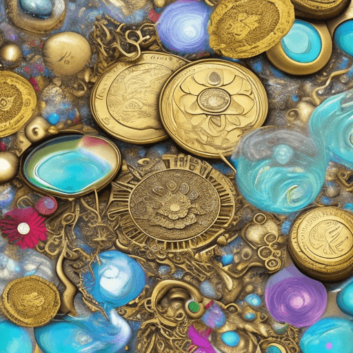 AI generated: digitally creative psychedelic collage, super large lily flower, extra large american gold coin, ste...