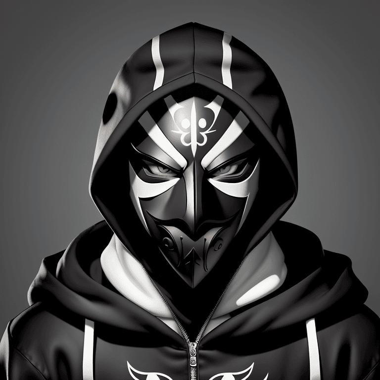 AI generated:  The image features a black and white stylized logo of a masked character. The mask has a hood and i...