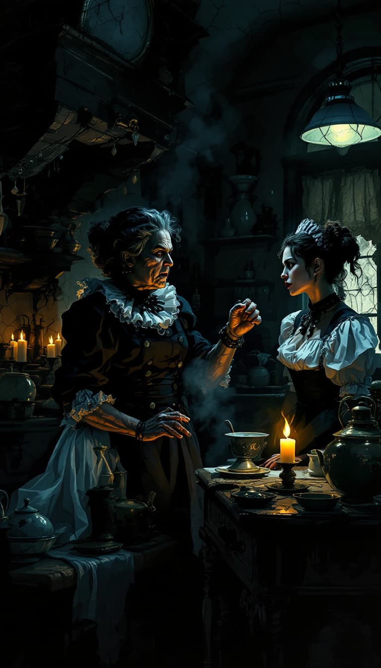 AI generated: In a dimly lit Victorian kitchen, the stern and imposing over 50's Victorian Lady confronts her youn...