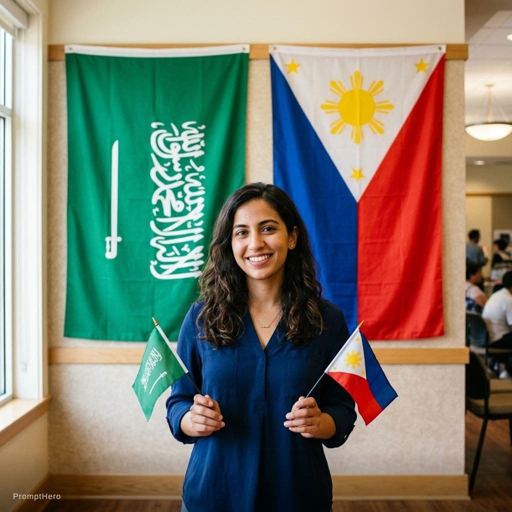 AI generated: Female with flag of saudi and Philippines in the back 