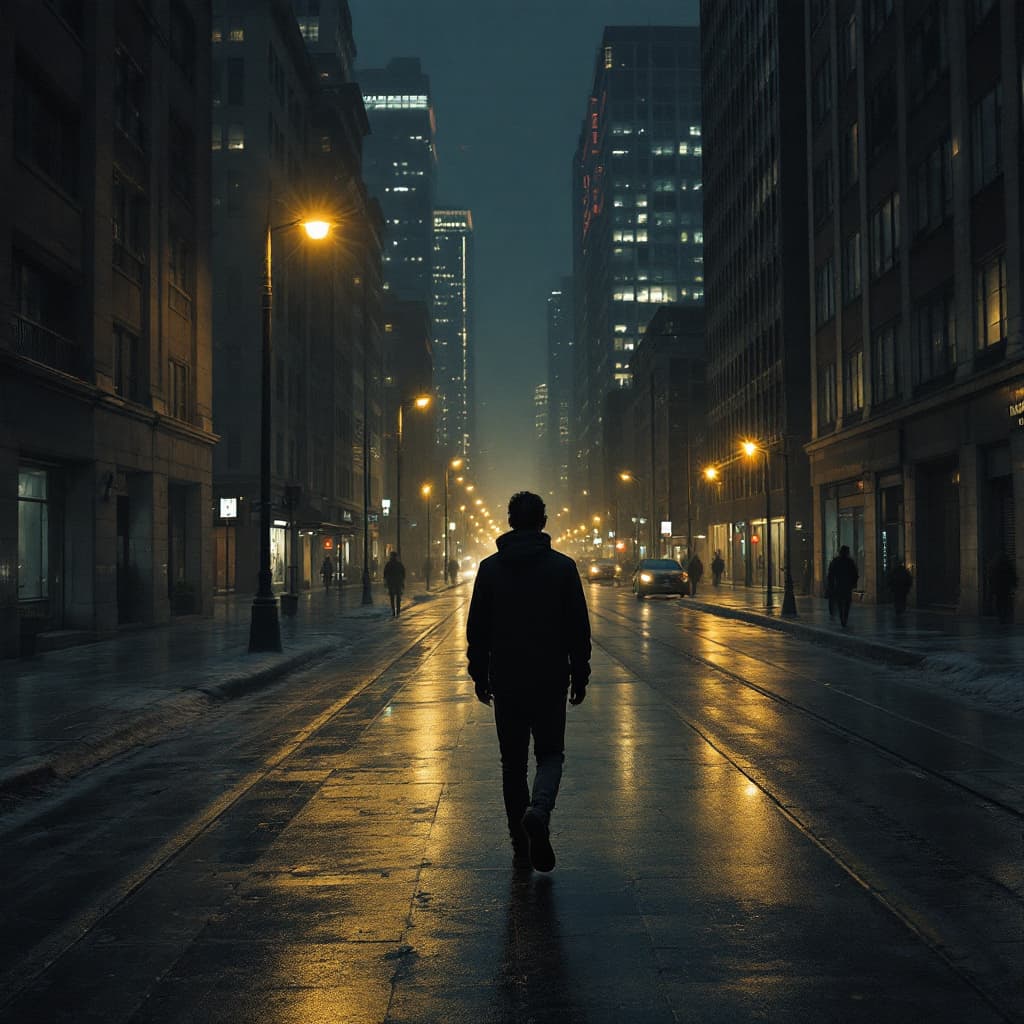 AI generated: a introvert guy with social anxiety walking on a street at night there are lots of very long buildin...
