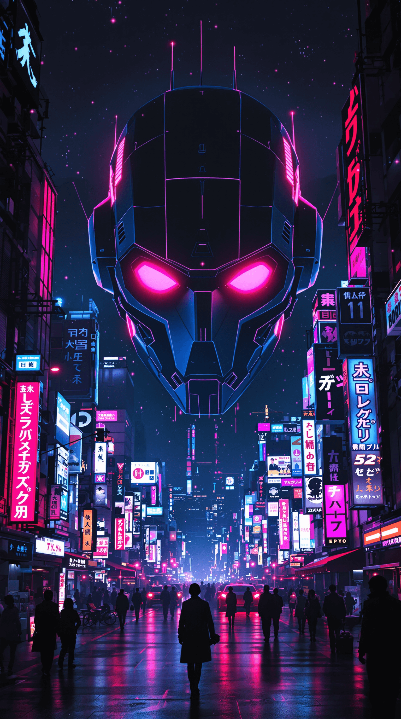 AI generated: neon cityscape with giant robot head in the style of ghost in the shell, Hajime Sorayama, anime aest...