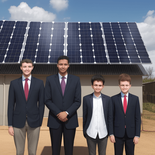 AI generated: The young entrepreneurs standing in front of solar panels that he has built