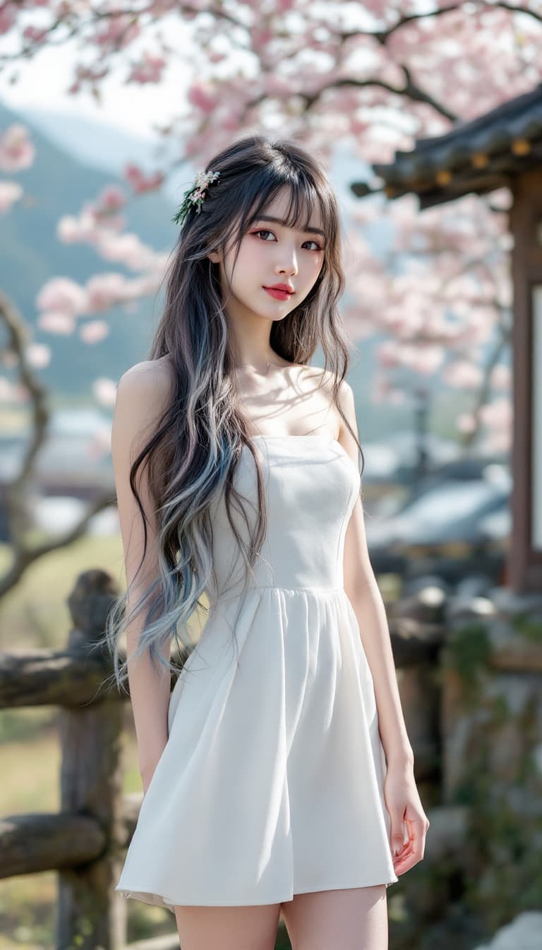 AI generated: A person, korean ulzzang face, japanese girl, long hair, bangs, multi color hair, wearing a white st...