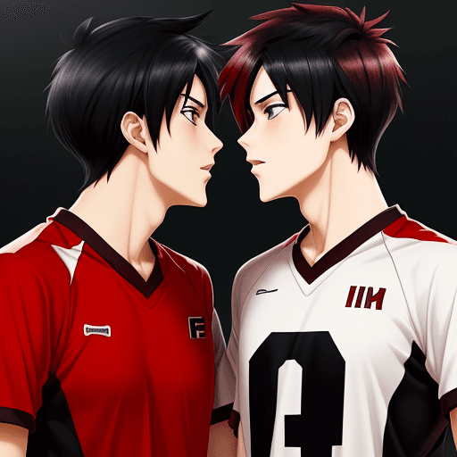 AI generated: anime guy with black hair and anime guy with red hair kiss in volleyball uniform