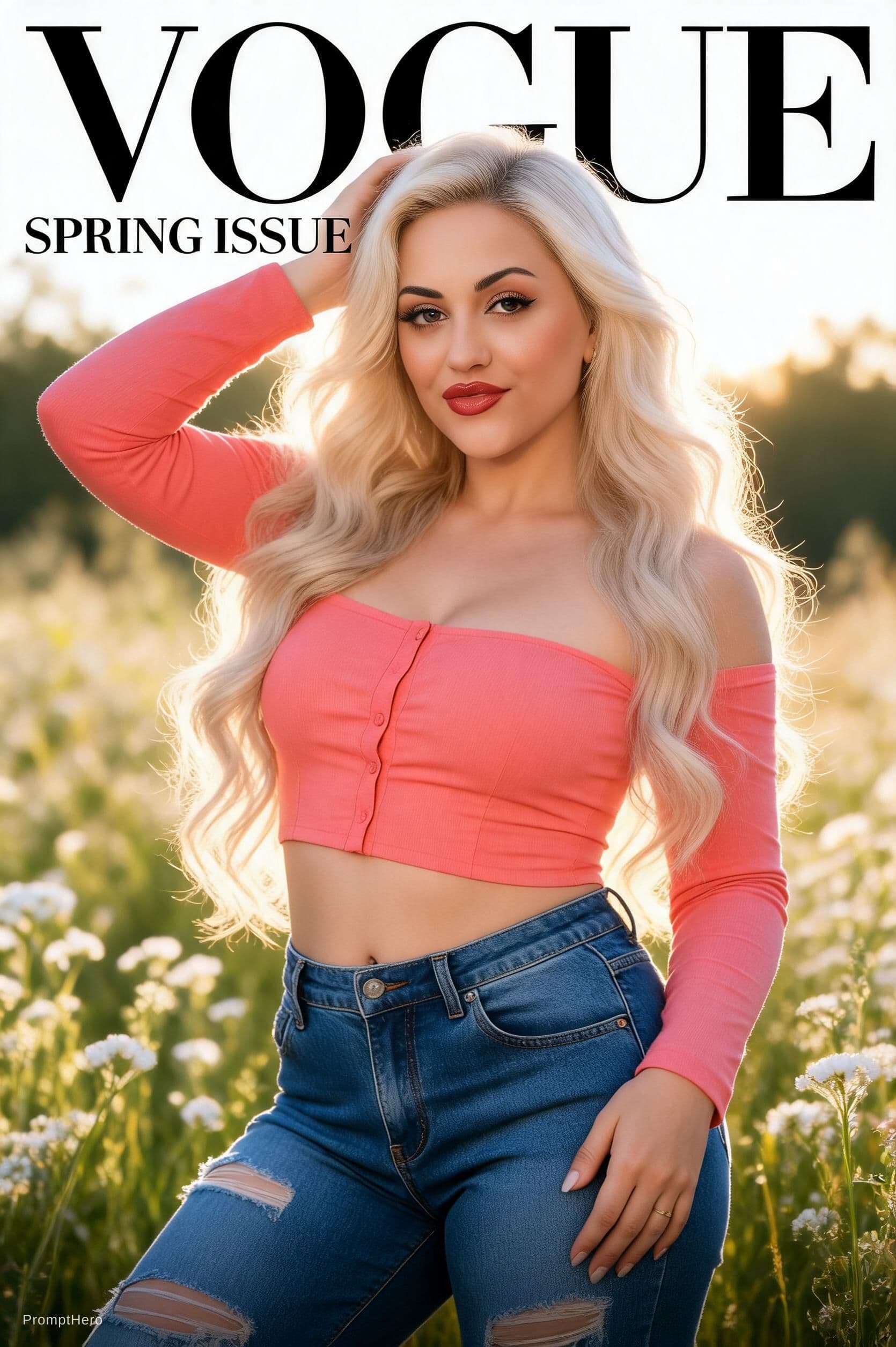 AI generated: A stunning ultra-realistic fashion magazine cover photograph of a beautiful blonde woman with long f...