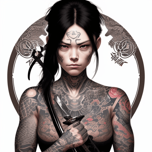 AI generated: This image is a digital illustration of a woman with tattoos on her skin, holding a sword with both ...