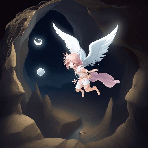 AI generated: An angel jibril flying with his wings in the cave  with a little moon light