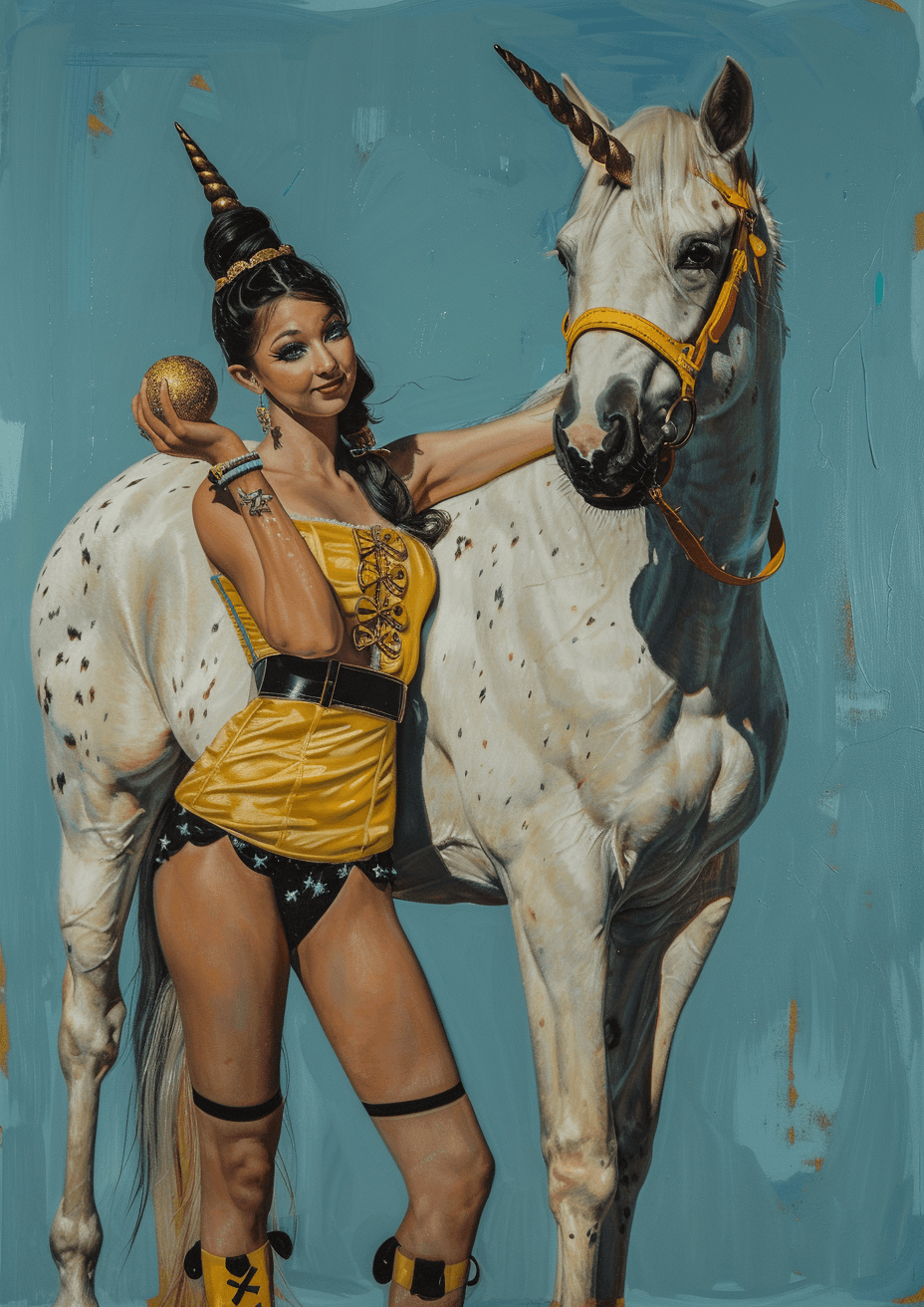 AI generated: A circus girl with a yellow and black costume standing on the left side of a white horse, she is hol...