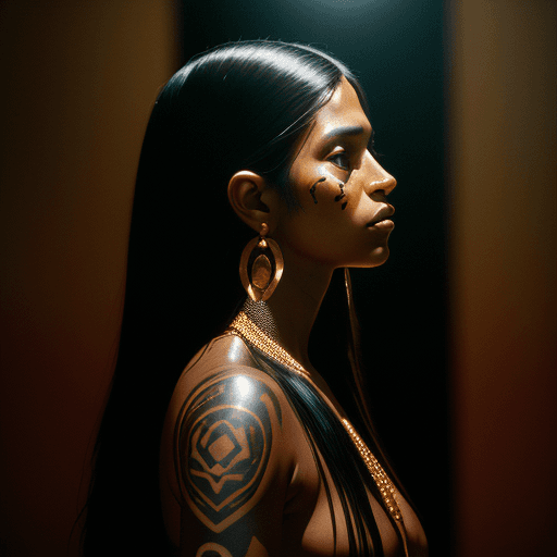 AI generated: hyperrealistic photography, portrait of Colombian indigenous woman, long black hair, gold tattoo lin...