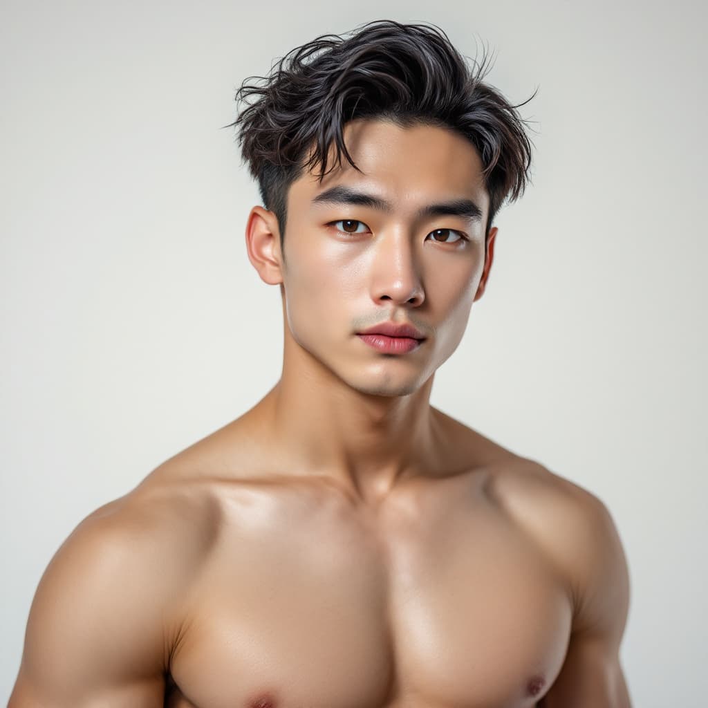 AI generated: photo，3. 5mm，handsome chinese boy, 24years old，weater, white background, muscle，college boy，shirtles...