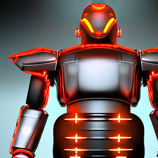 AI generated: 3d rendering, robot, front view, upper-body, (full body)), neon glow with deep orange and green, gaz...
