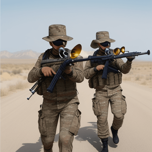 AI generated: An image of 2 rifles crossing each other in the middle, the end of the barrel of the rifle ends in t...