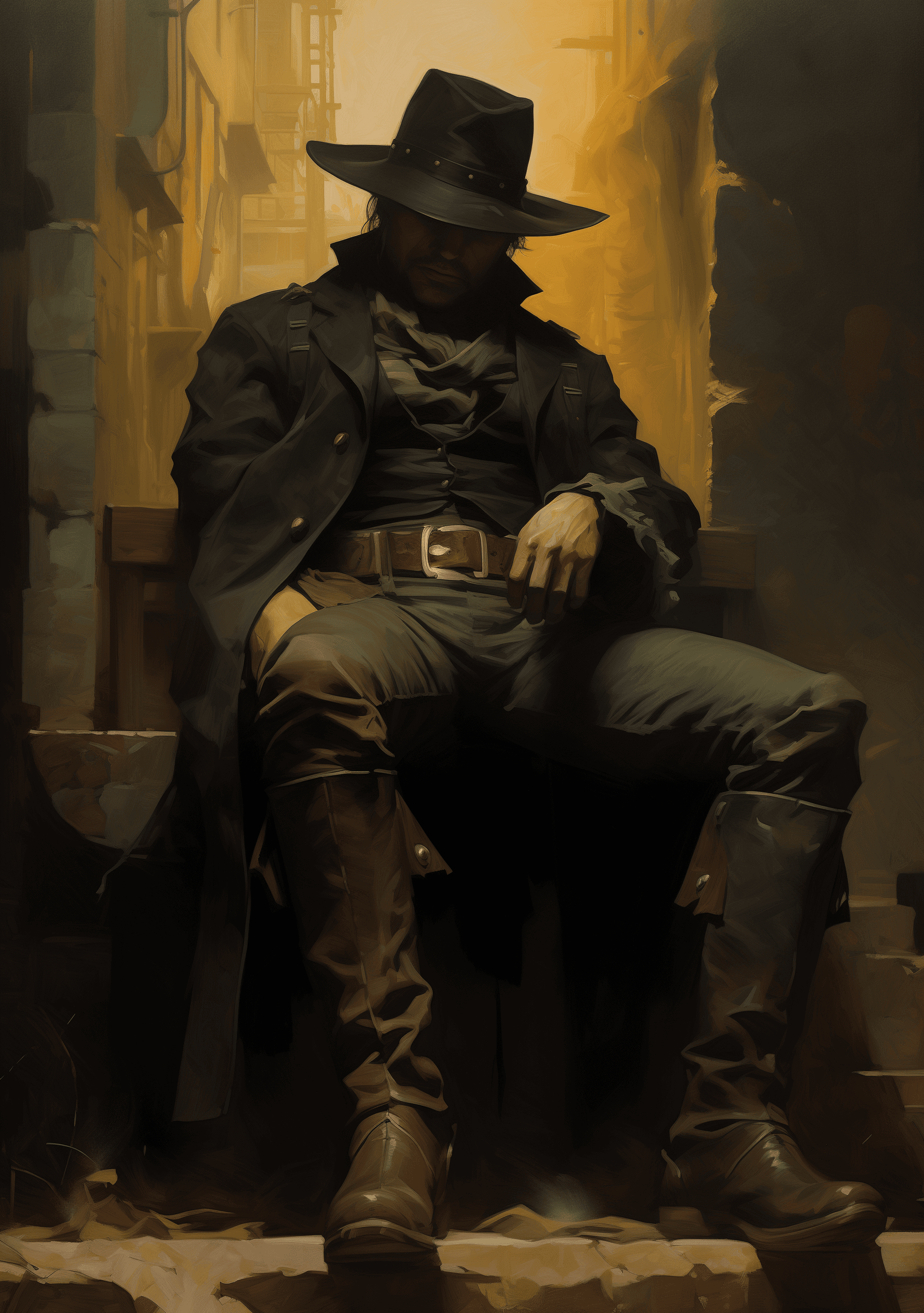 AI generated: A cowboy sits on an old wooden chair, by Frazetta, by Frank Frazetta, by Norman Rockwell, oil painti...