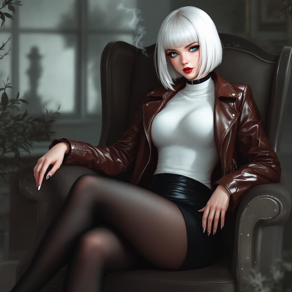 AI generated: anime, woman, white hair, bob cut, blue eyes, freckles, red lips, closed lips, white sweater, tight ...