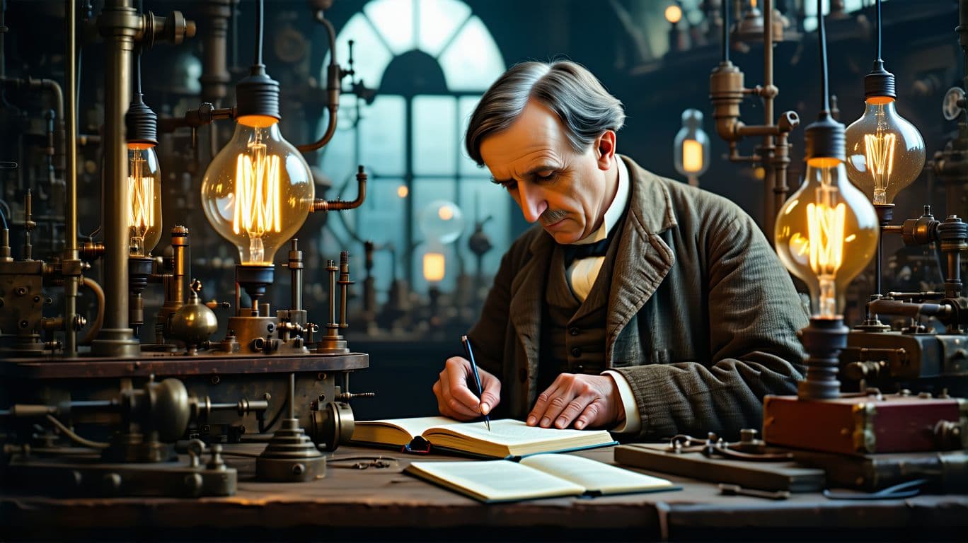 AI generated: "A historical scene of Thomas Edison in his workshop, surrounded by glass bulbs, notebooks, and elec...