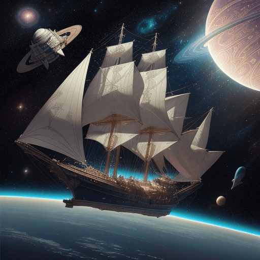 AI generated: A vintage-style illustrated space sailing ship soaring through outer space between stars, inspired b...